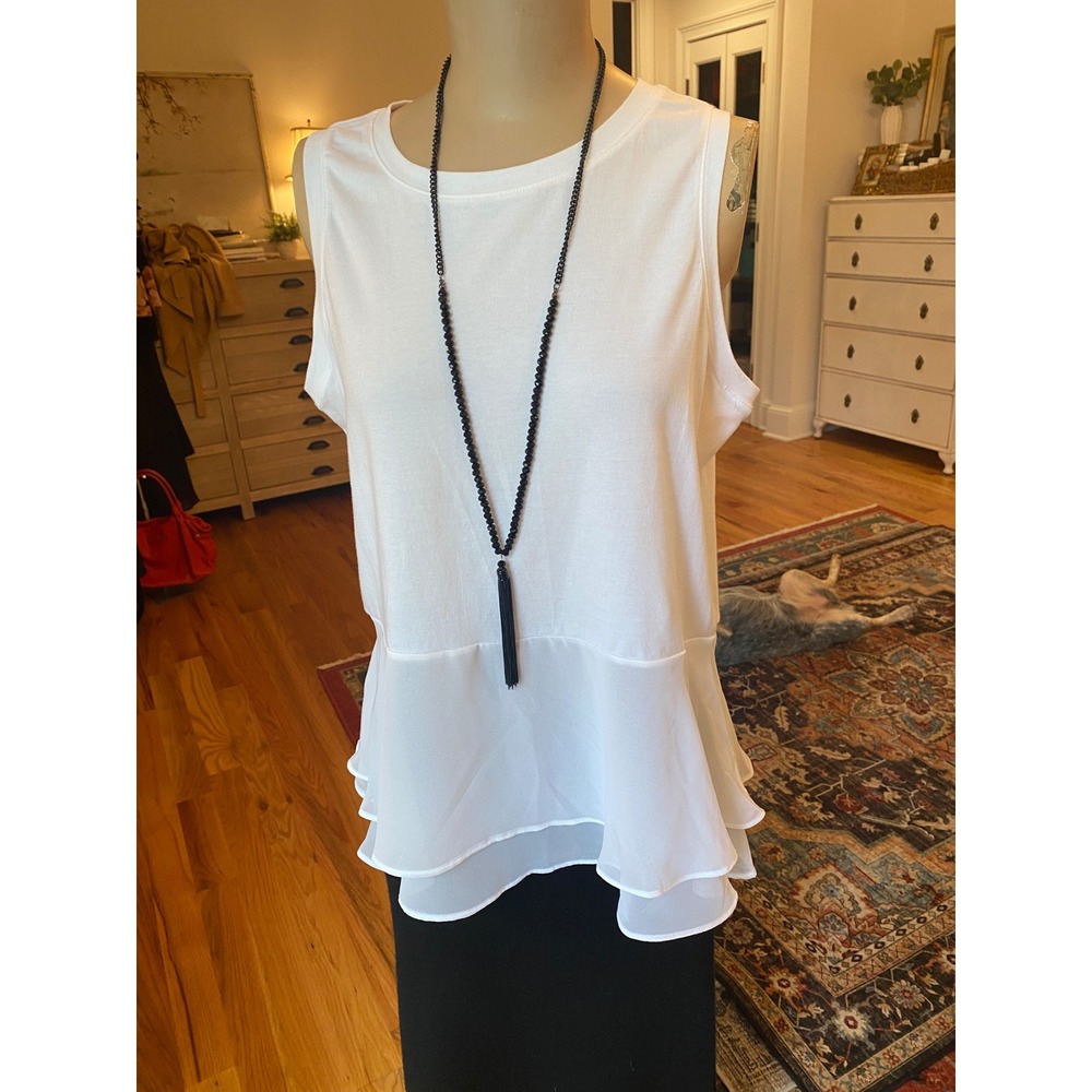 Simply Vera Vera Wang White Mixed Media Tiered Peplum Tank Top Sleeveless Large